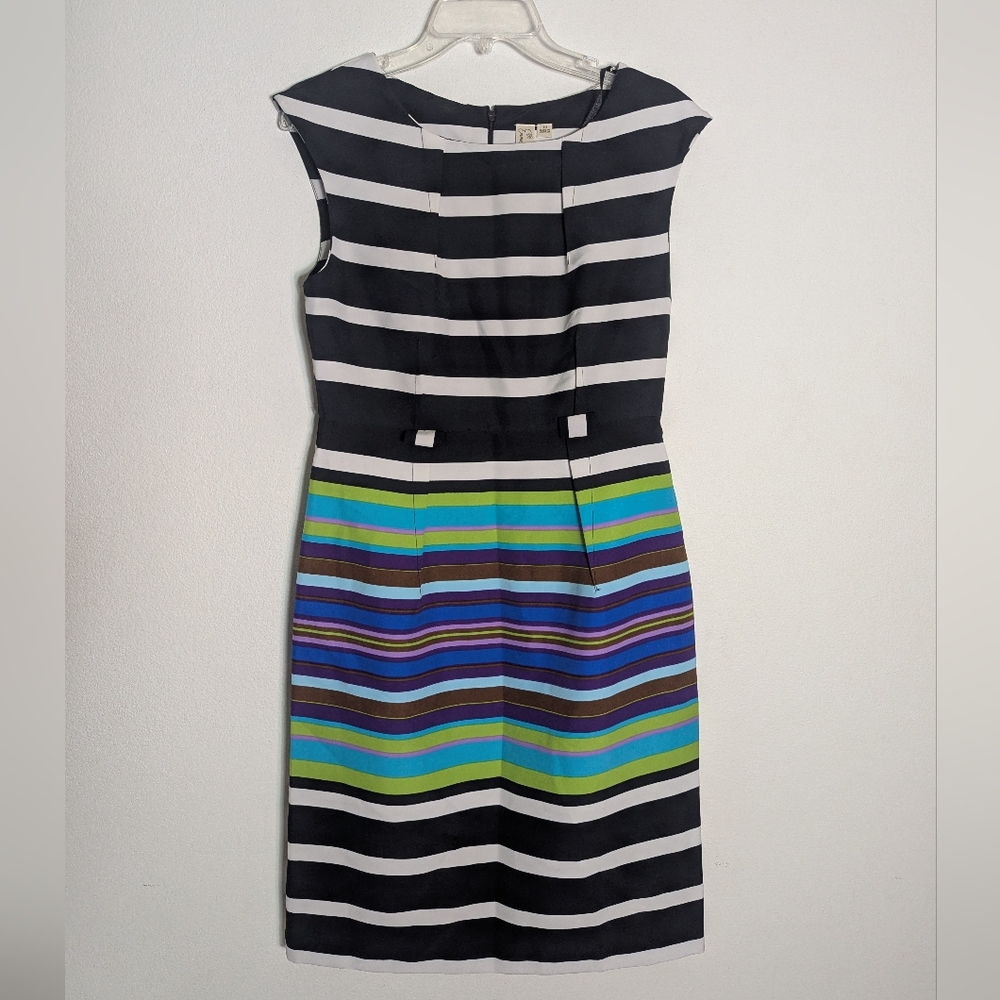 Emma Michele Womens Dress Striped Sheath Rainbow Sleeveless Black White Size 10